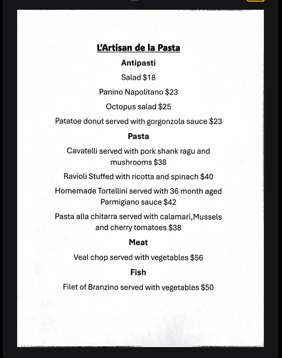 Menu, L'artisan de la pasta Restaurant