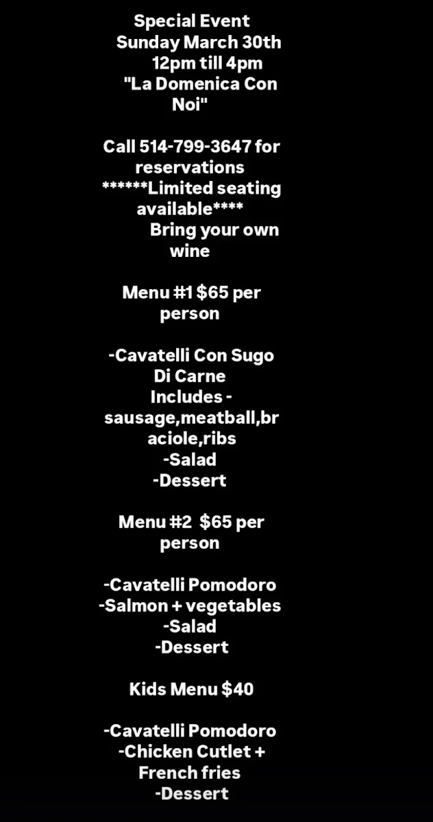 Menu, L'artisan de la pasta Restaurant