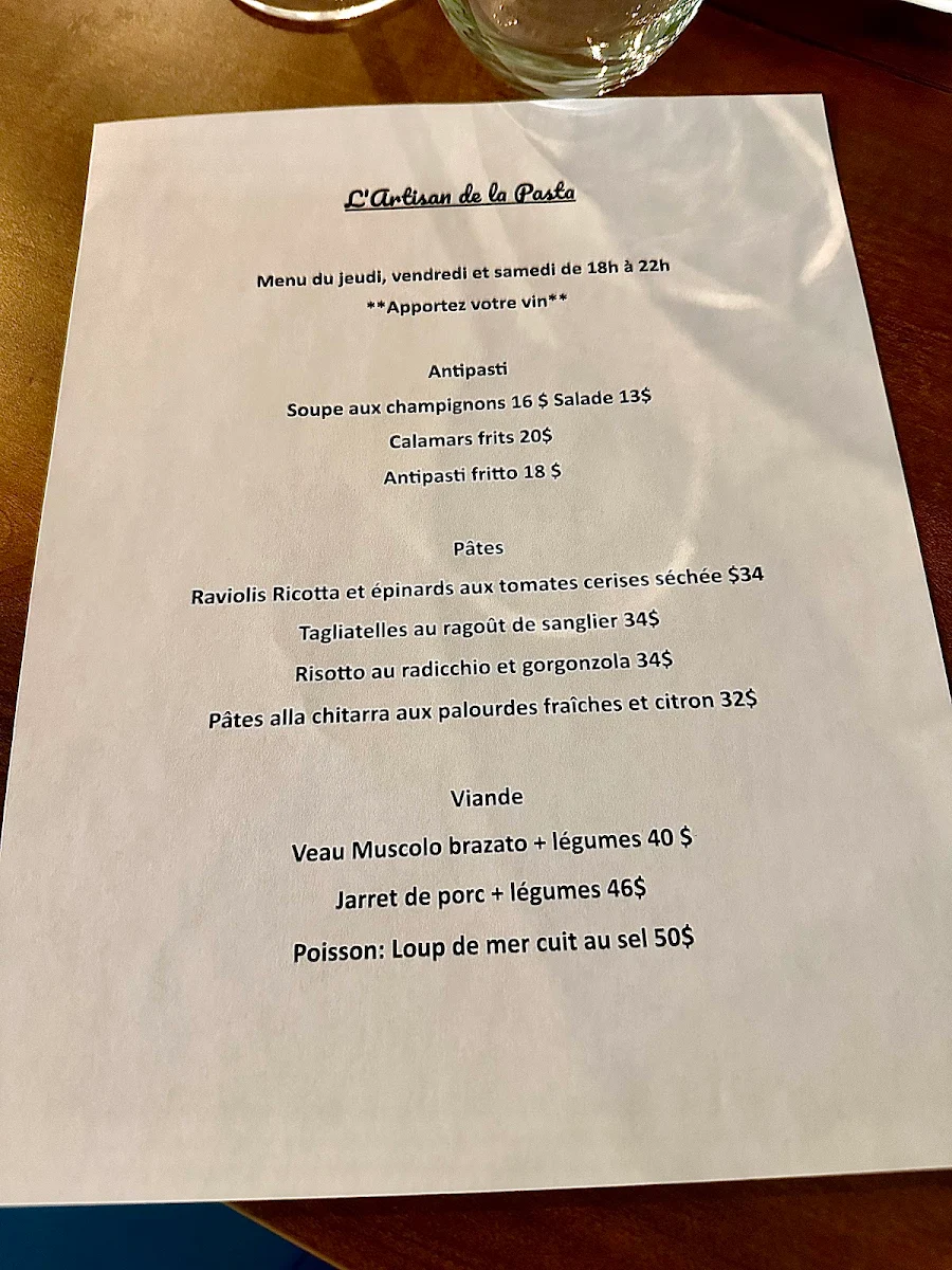Menu, L'artisan de la pasta Restaurant