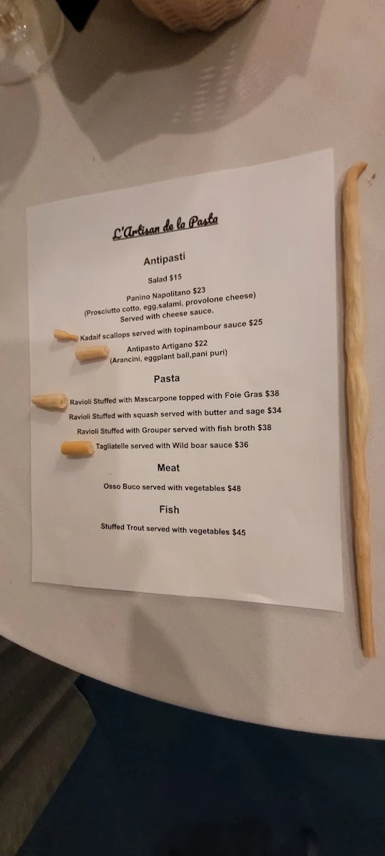 Menu, L'artisan de la pasta Restaurant