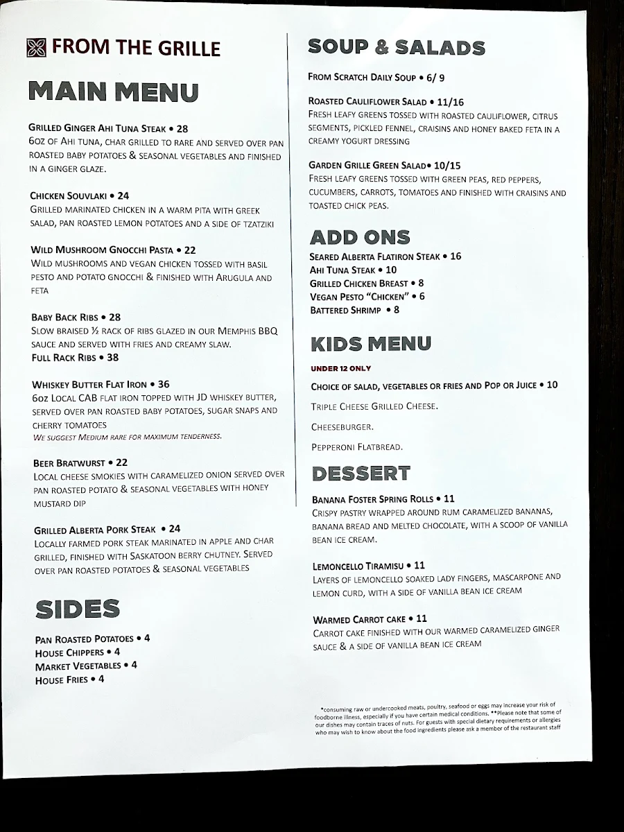 Menu, The Garden Grille & Bar
