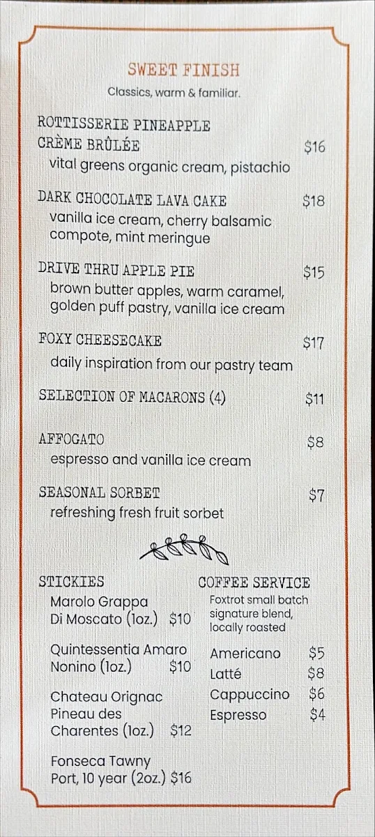 Menu, Foxtrot at Spruce Meadows