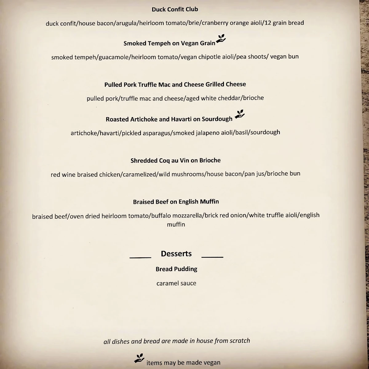 Menu, the yardbird