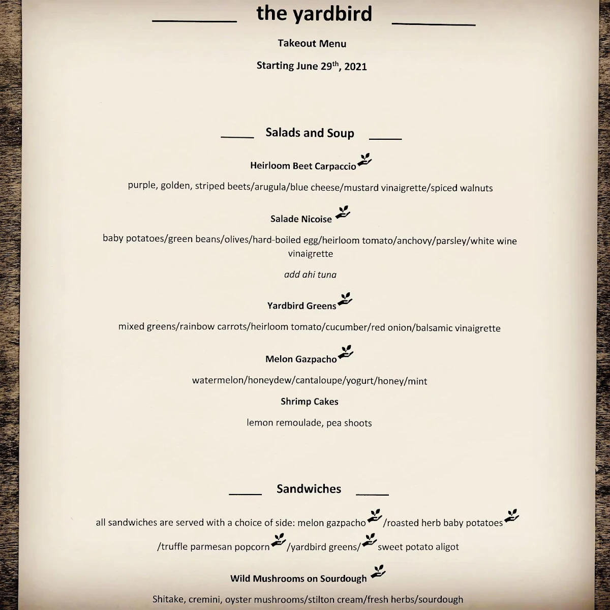Menu, the yardbird
