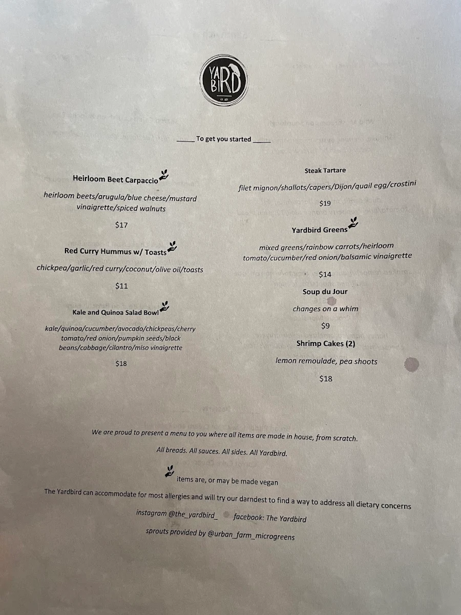 Menu, the yardbird