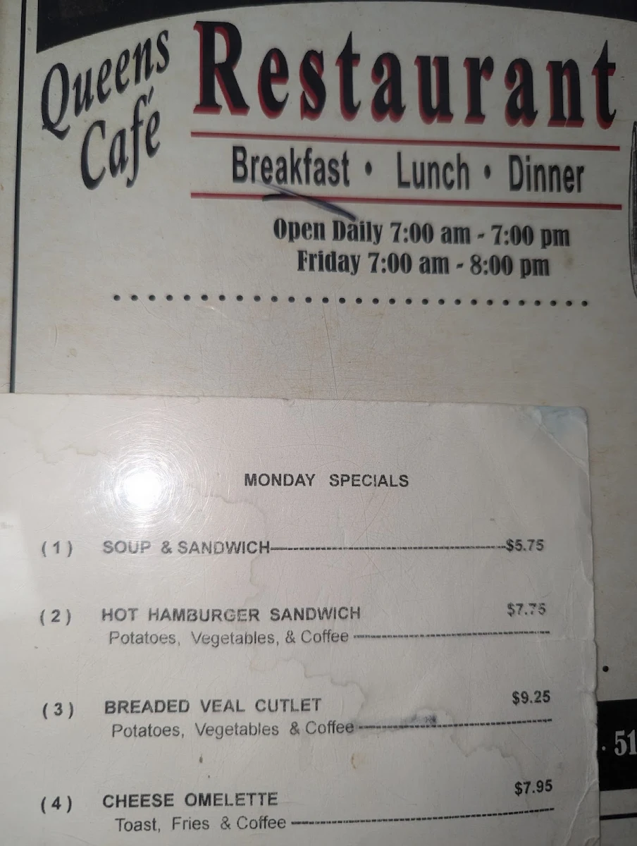 Menu, Queens Café Restaurant