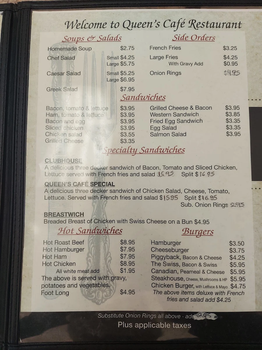 Menu, Queens Café Restaurant