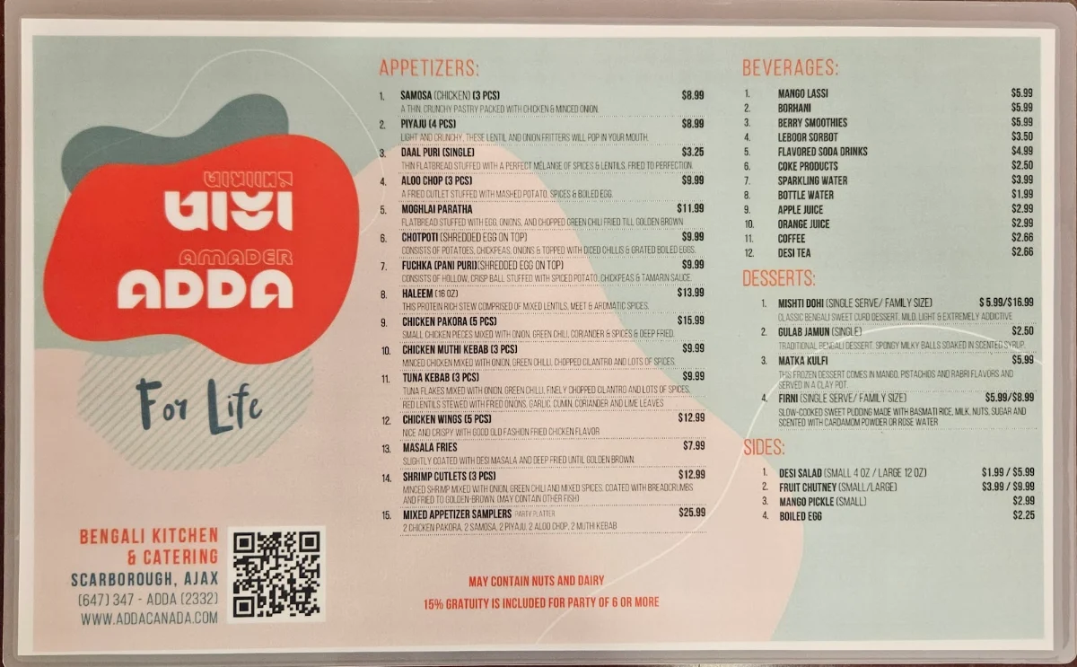 Menu, ADDA Bengali Kitchen & Catering