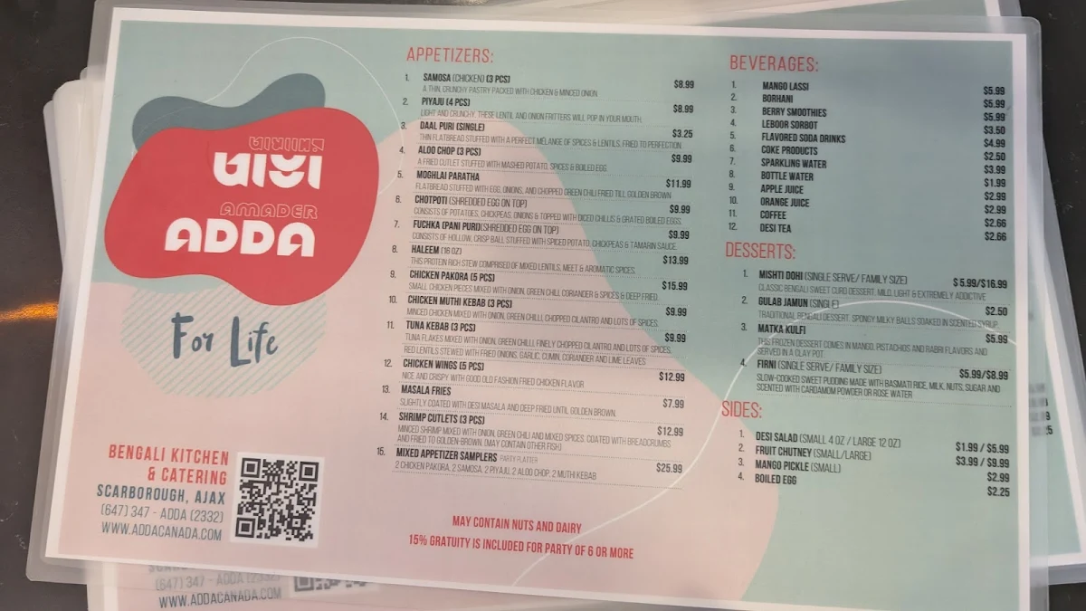 Menu, ADDA Bengali Kitchen & Catering