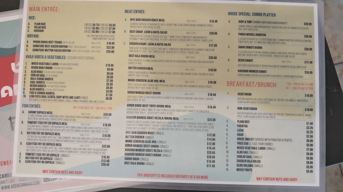 Menu, ADDA Bengali Kitchen & Catering