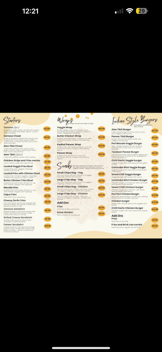 Menu, Sunset Bites and scoop