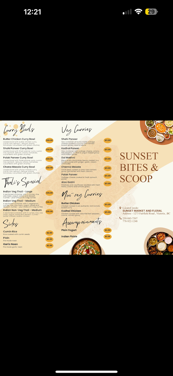 Menu, Sunset Bites and scoop