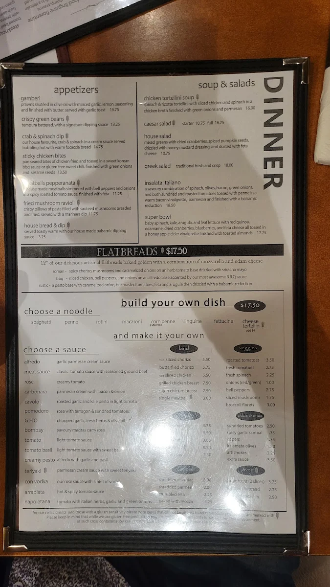Menu, Pasta Factory