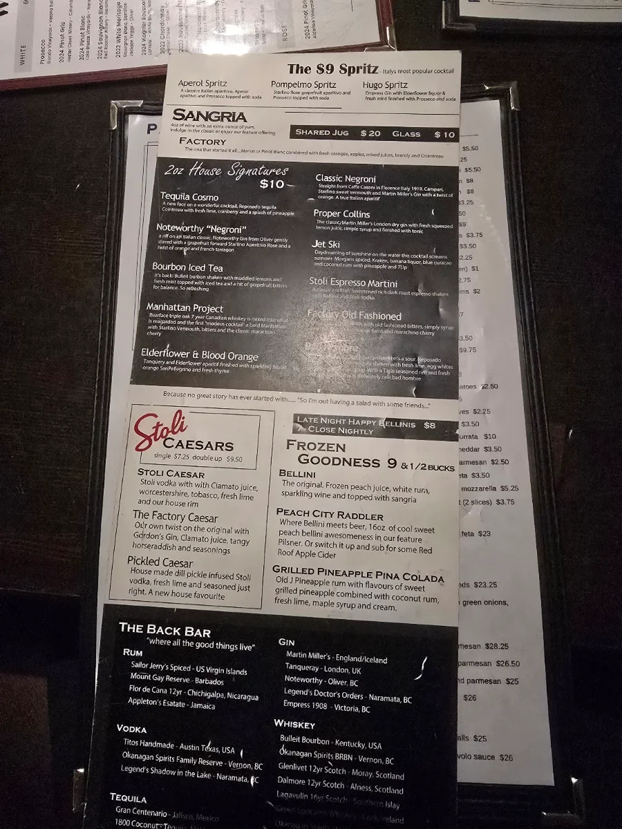 Menu, Pasta Factory