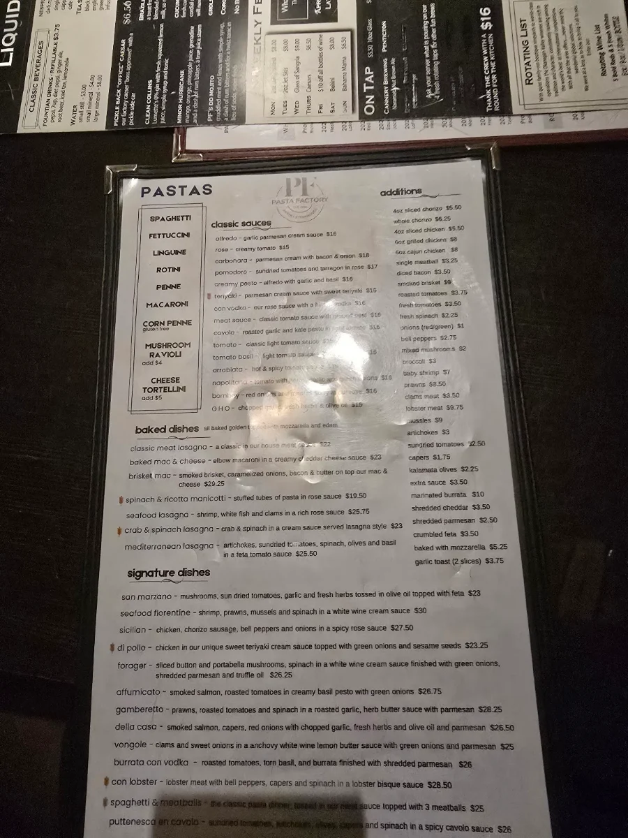 Menu, Pasta Factory