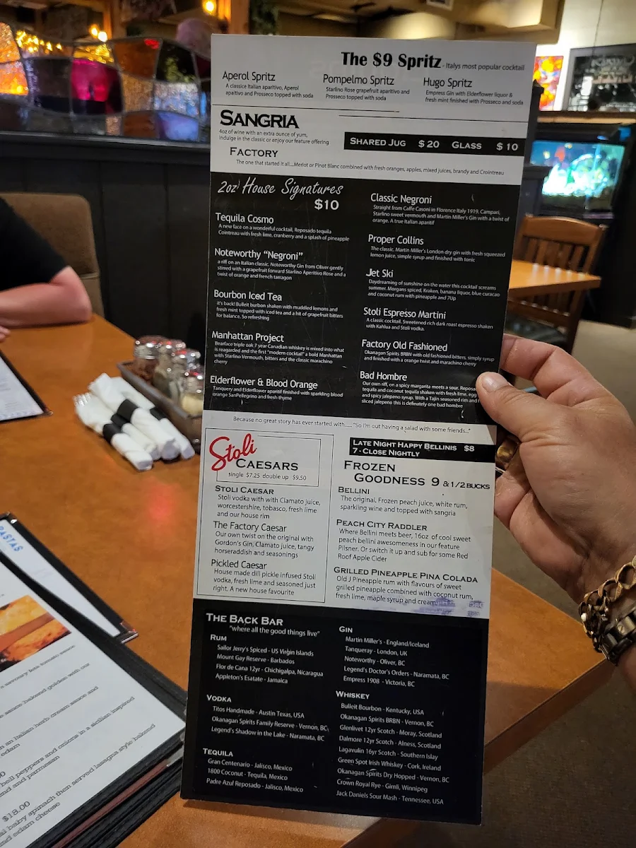 Menu, Pasta Factory