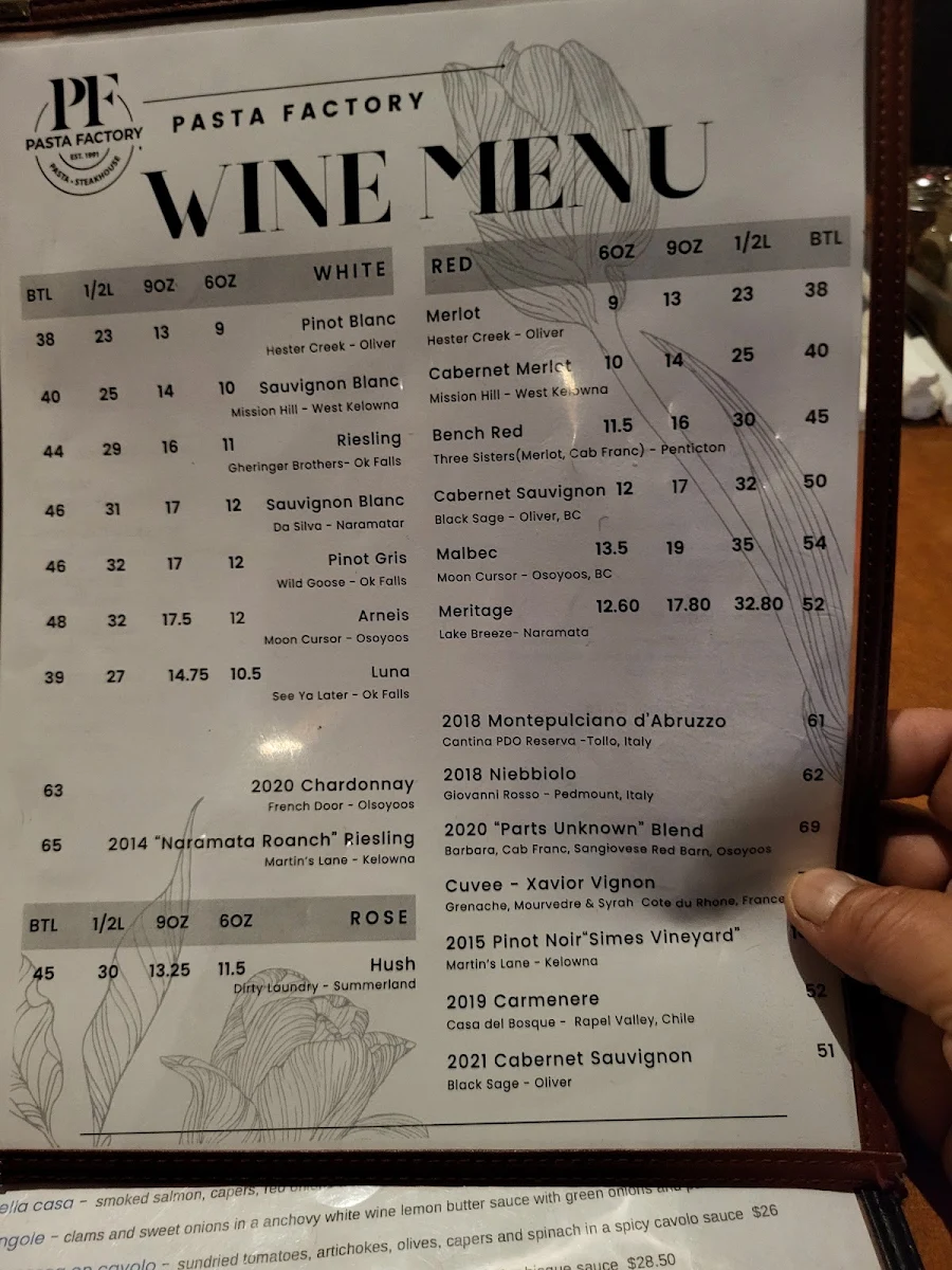 Menu, Pasta Factory