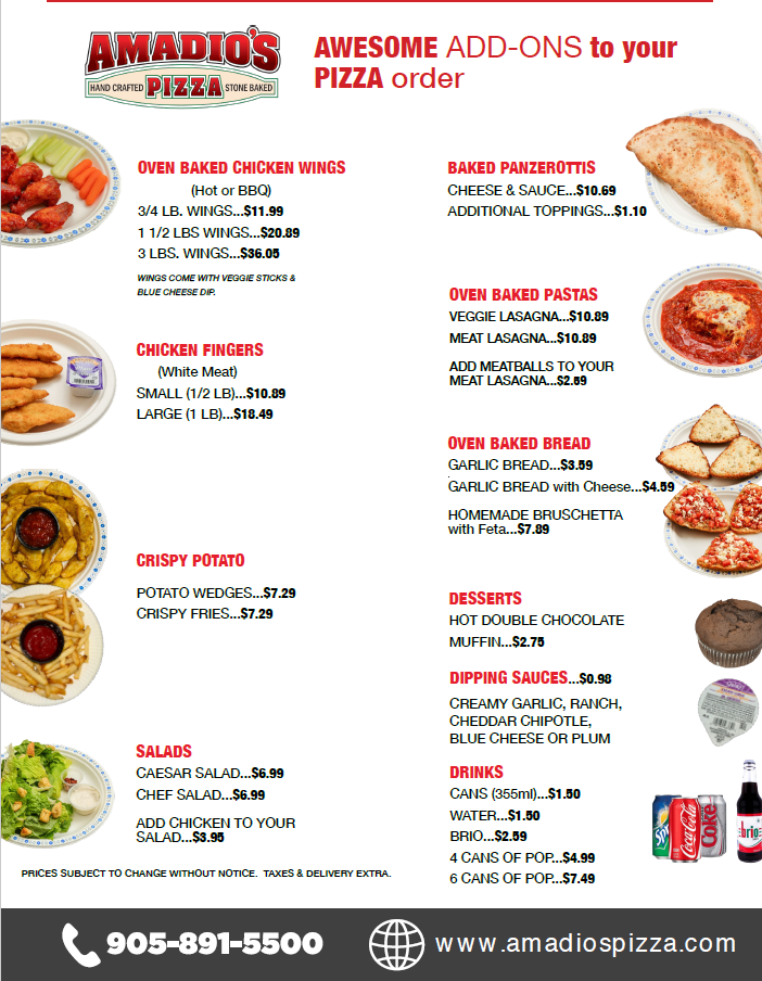 Menu, Amadio's Pizza