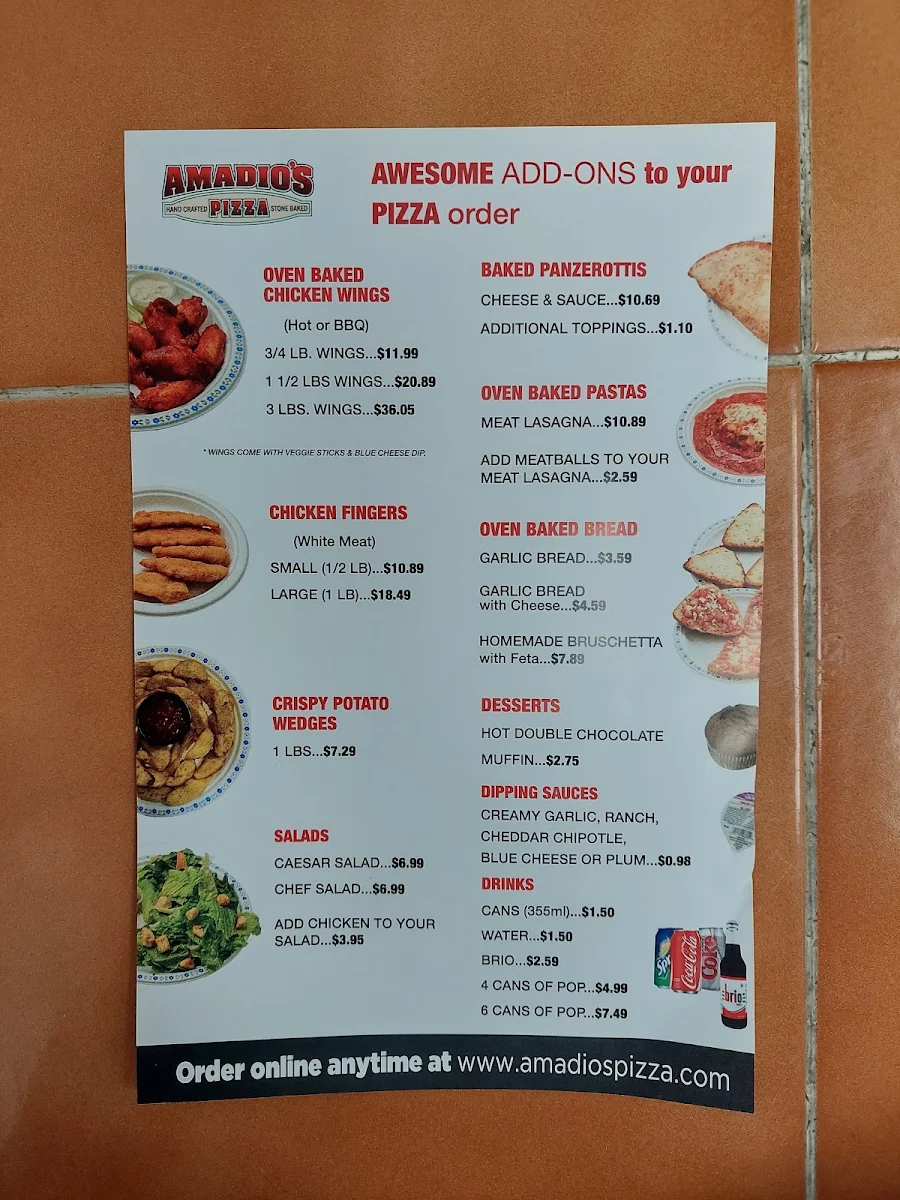 Menu, Amadio's Pizza