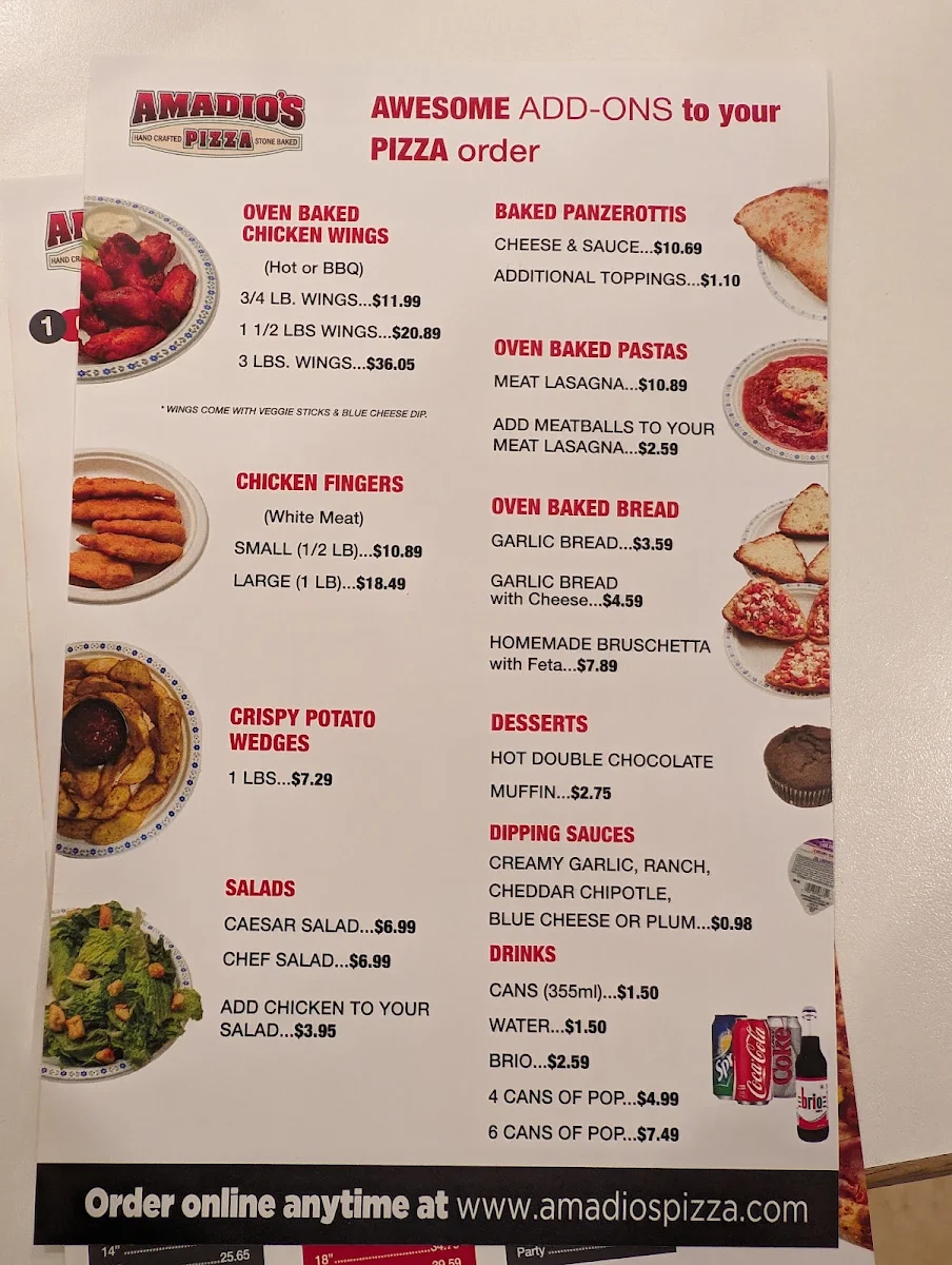 Menu, Amadio's Pizza