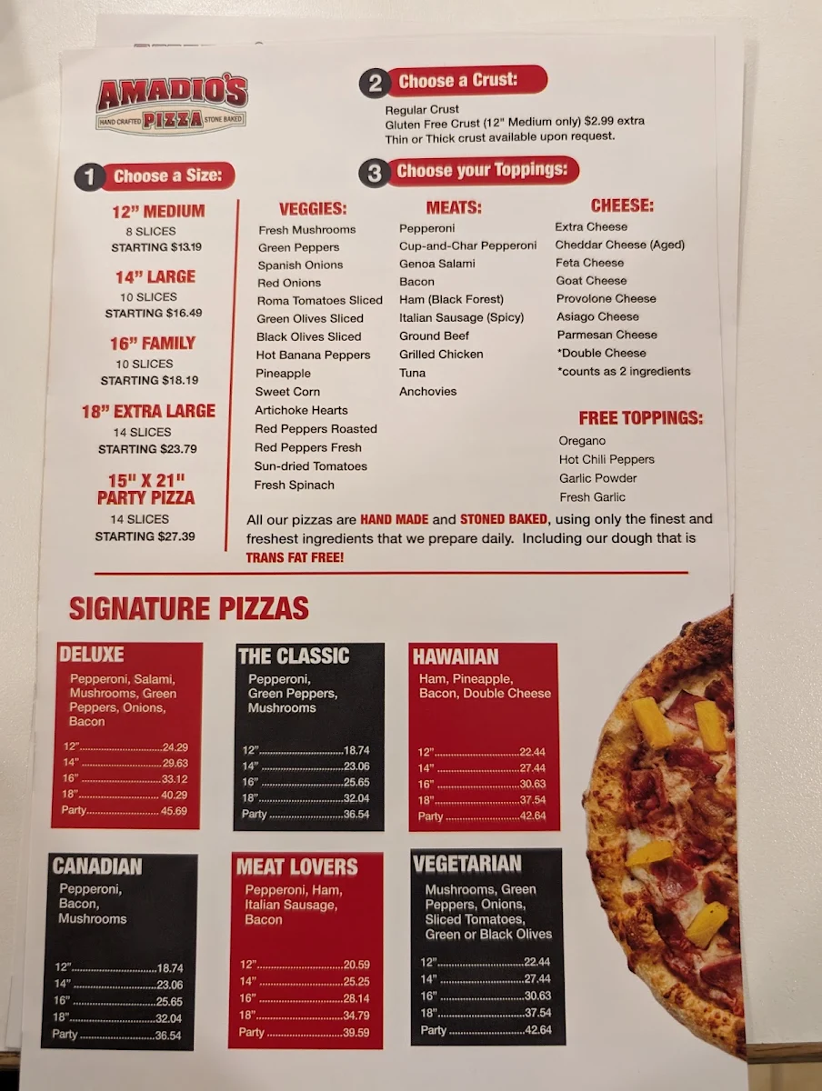 Menu, Amadio's Pizza