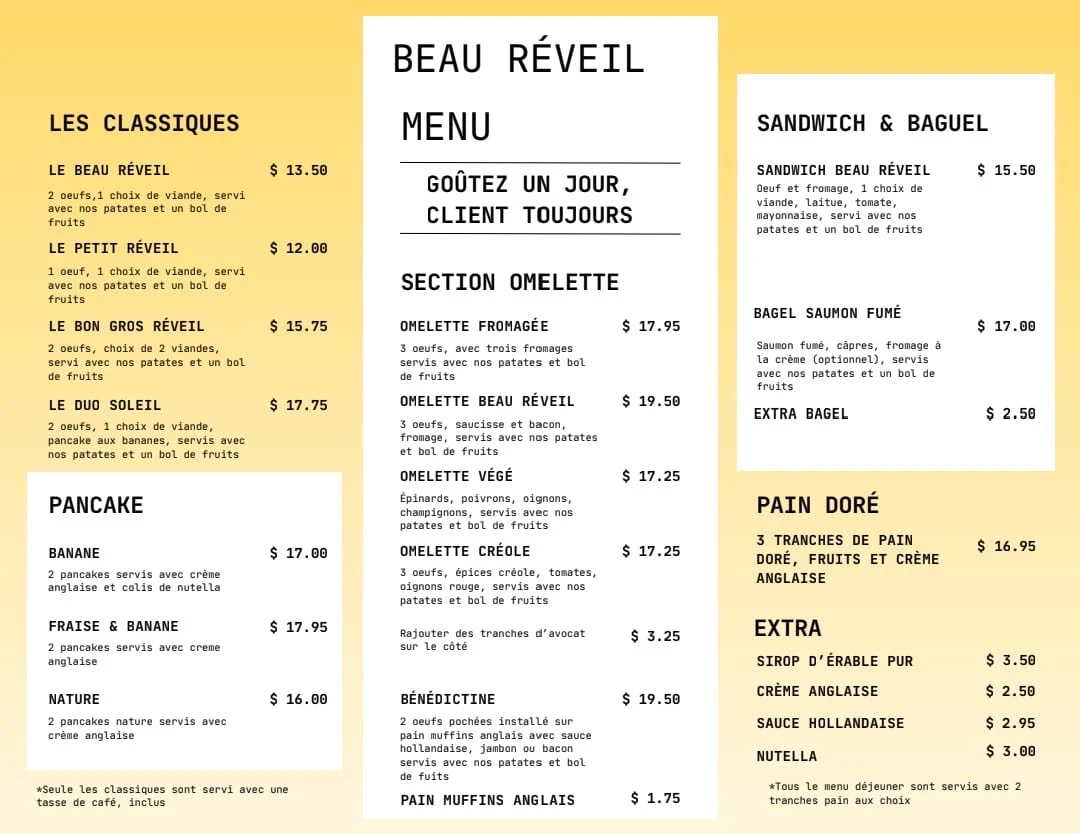 Menu, Beau Réveil Restaurant