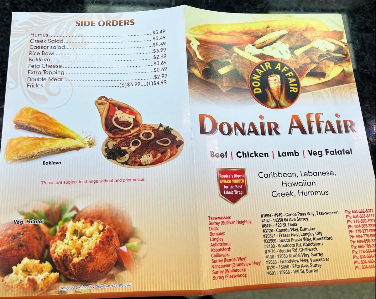 Menu, Donair Affair