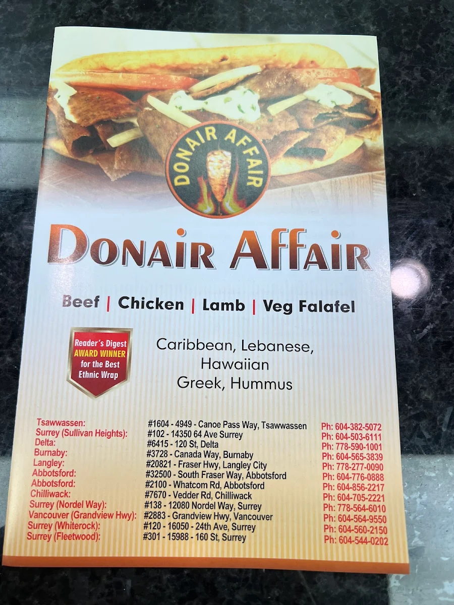 Menu, Donair Affair