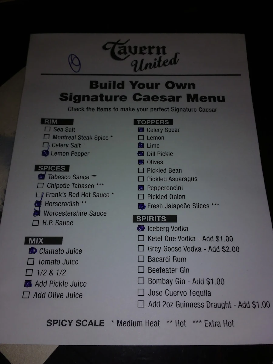 Menu, Tavern United Transcona