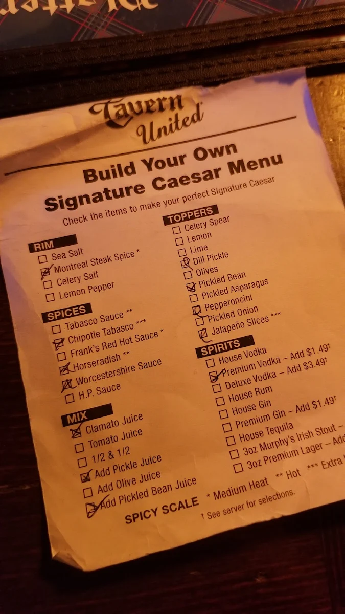 Menu, Tavern United Transcona