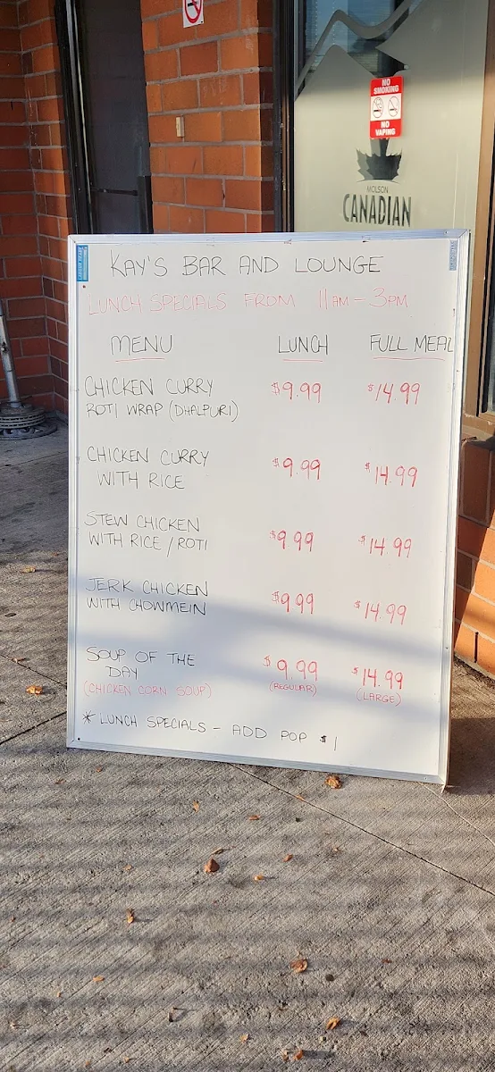 Menu, Kay's Bar and Lounge