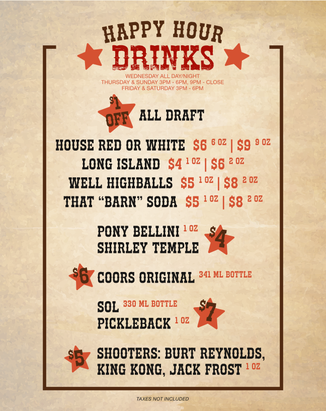 Menu, The Barn Country Bar