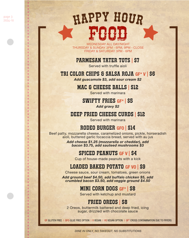 Menu, The Barn Country Bar