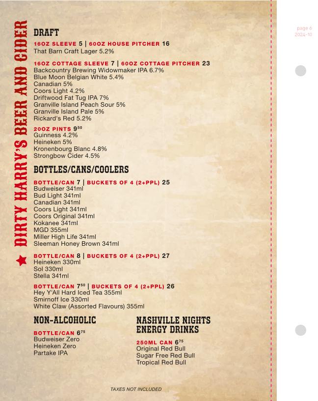 Menu, The Barn Country Bar