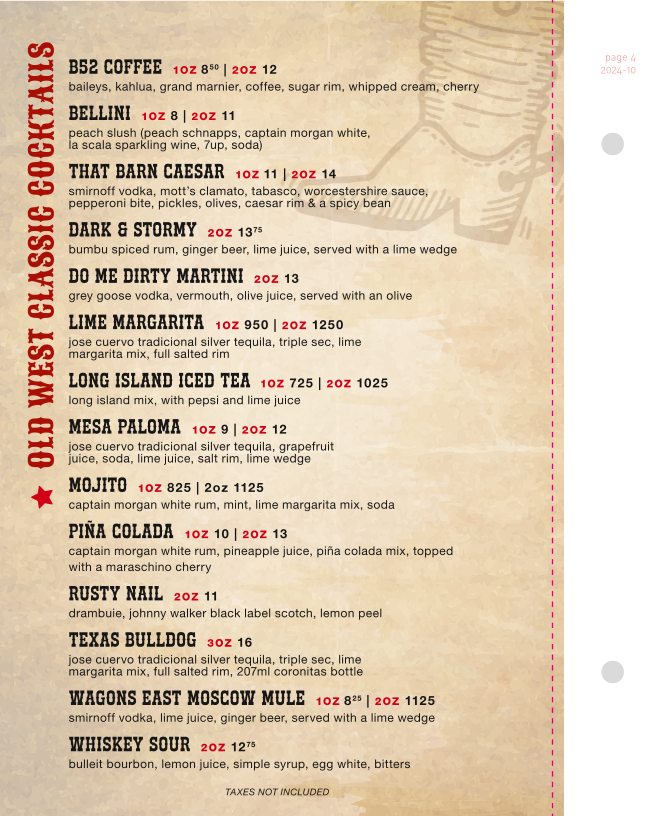 Menu, The Barn Country Bar