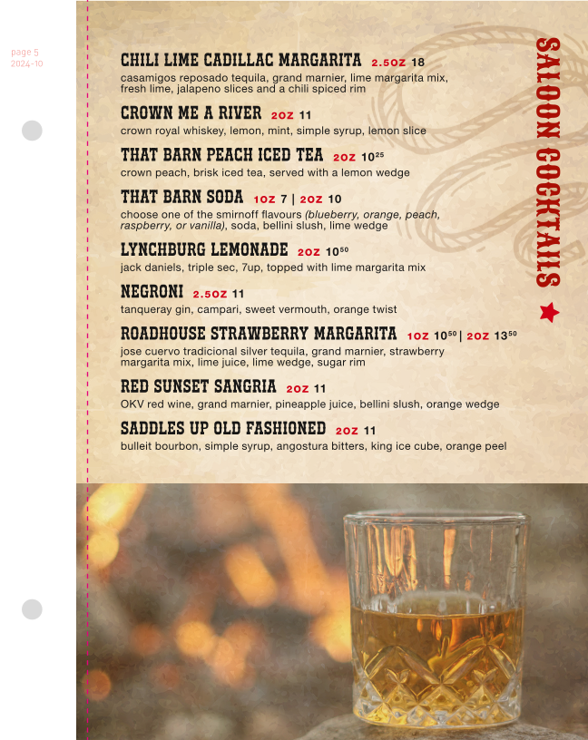 Menu, The Barn Country Bar