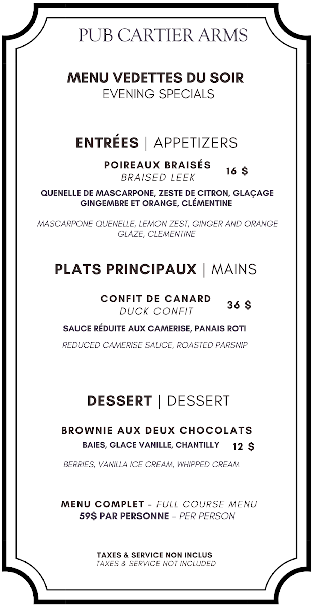 Menu, Pub Cartier Arms