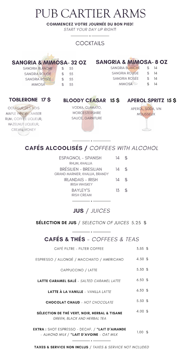 Menu, Pub Cartier Arms