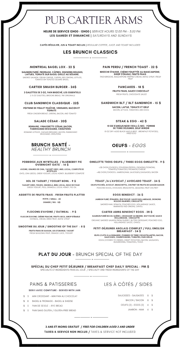 Menu, Pub Cartier Arms