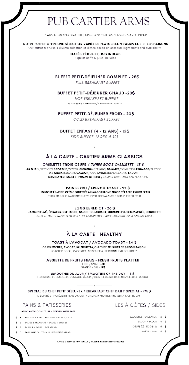 Menu, Pub Cartier Arms