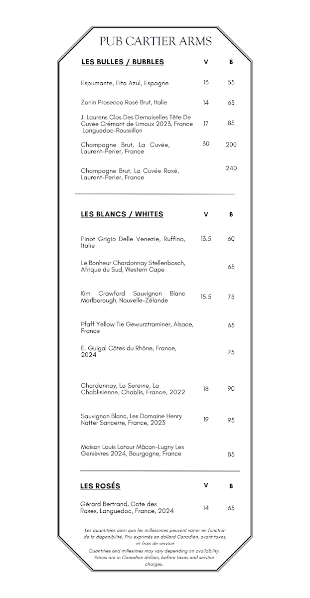 Menu, Pub Cartier Arms