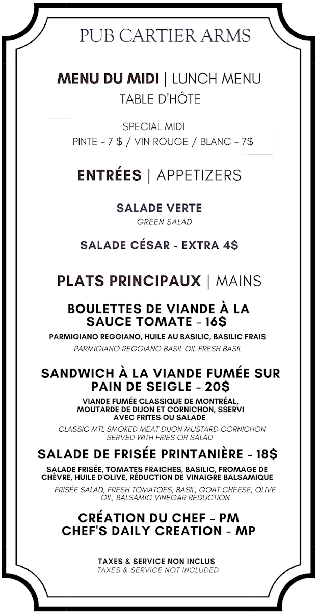 Menu, Pub Cartier Arms