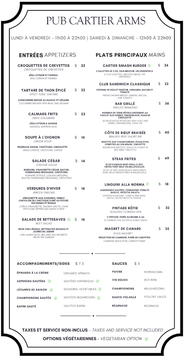 Menu, Pub Cartier Arms