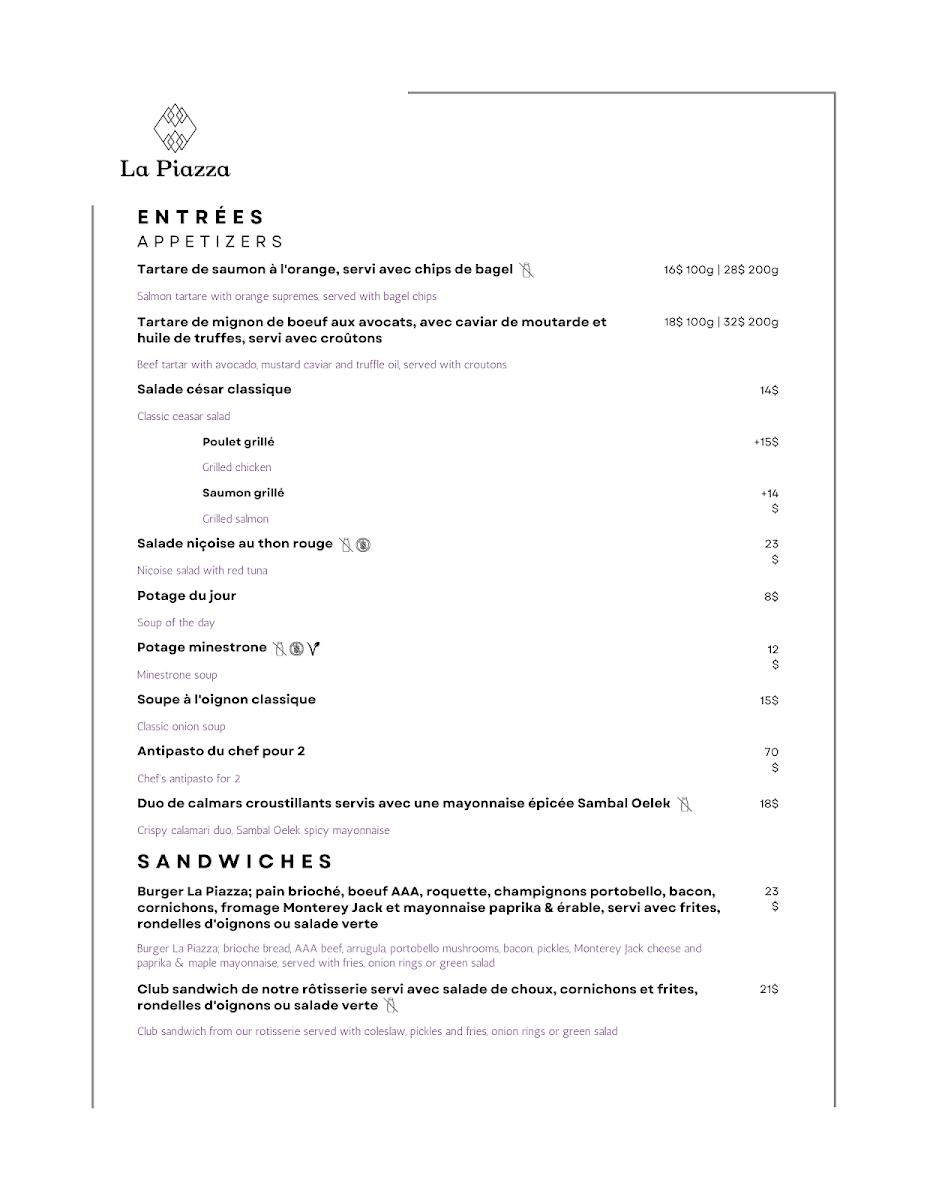 Menu, La Piazza
