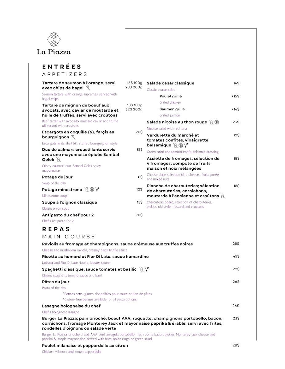 Menu, La Piazza
