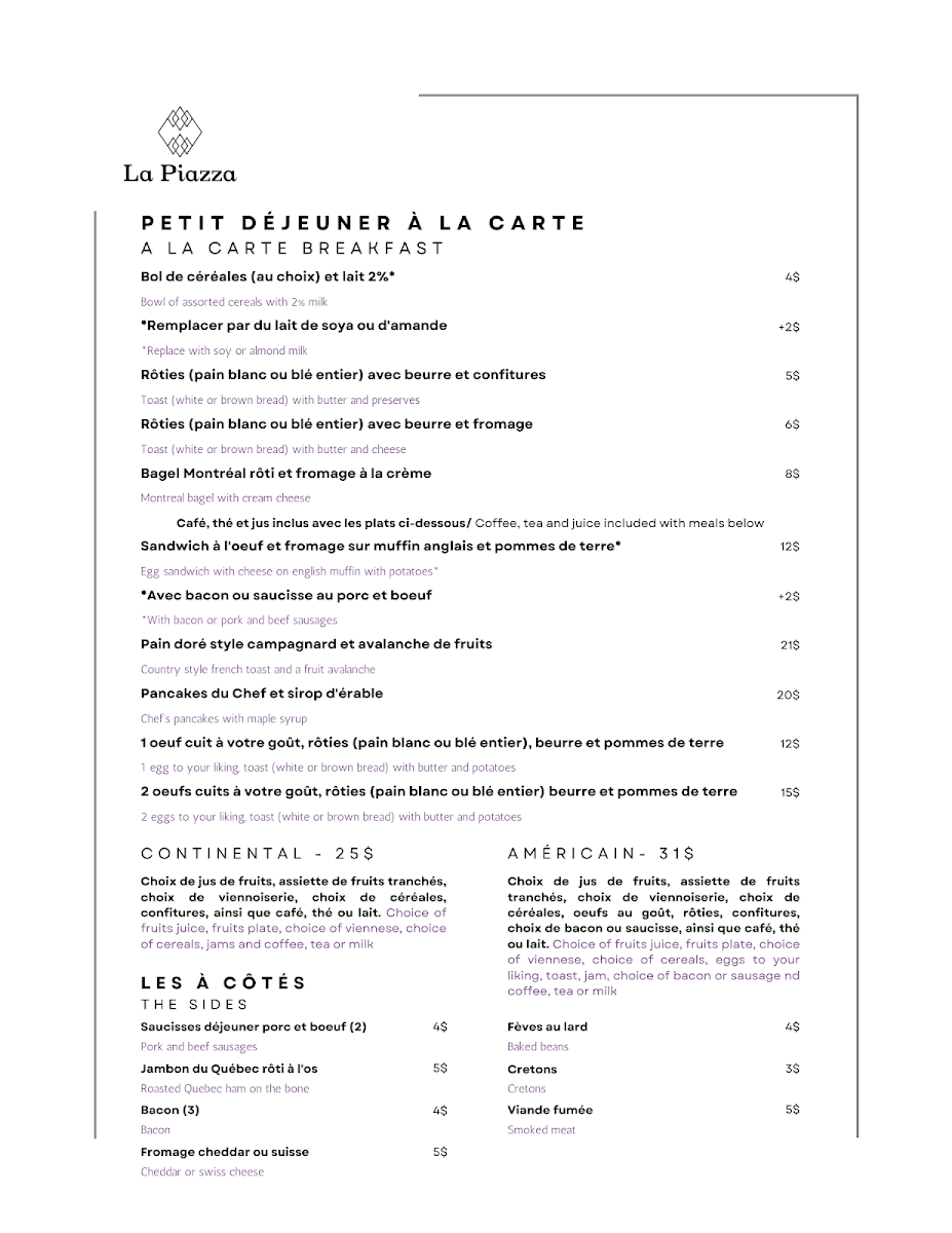 Menu, La Piazza