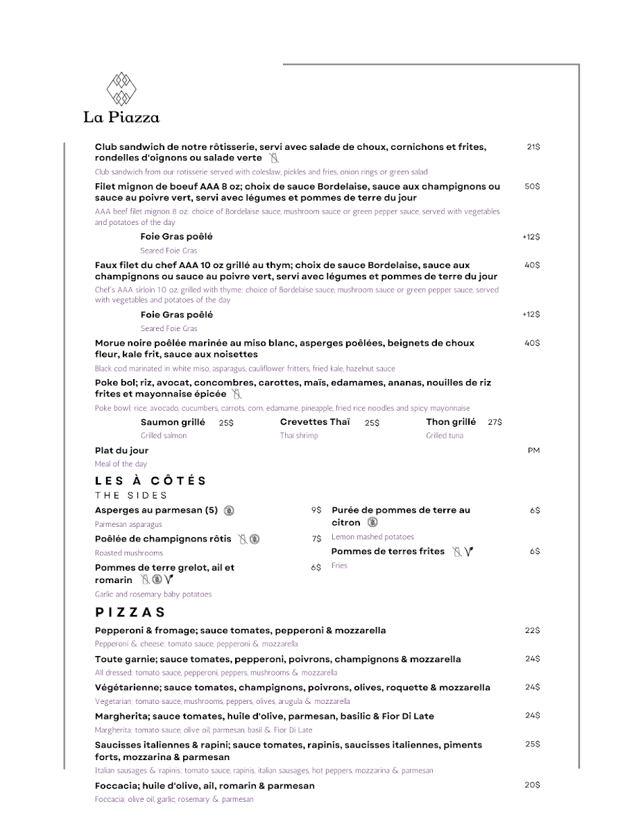 Menu, La Piazza