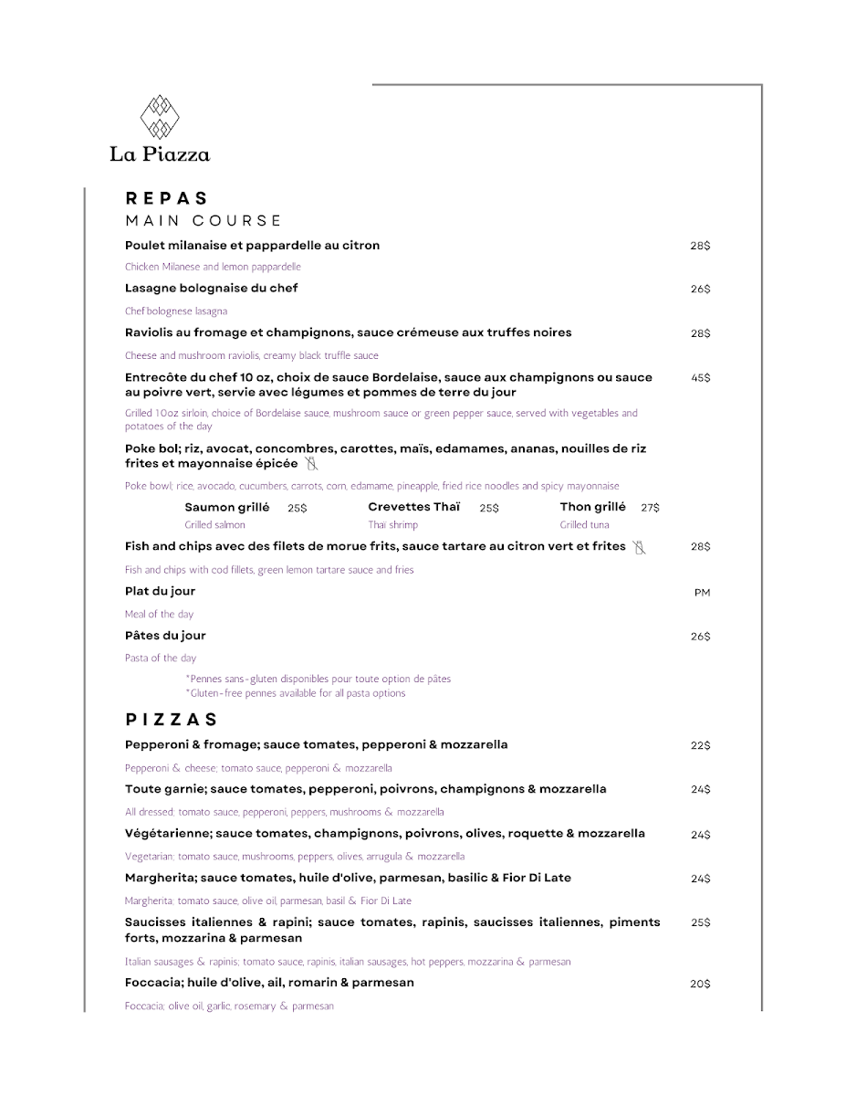 Menu, La Piazza