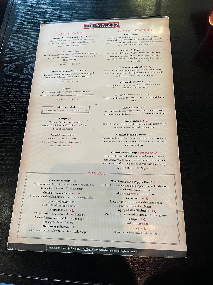 Menu, Hermanos Restaurant & Wine Bar