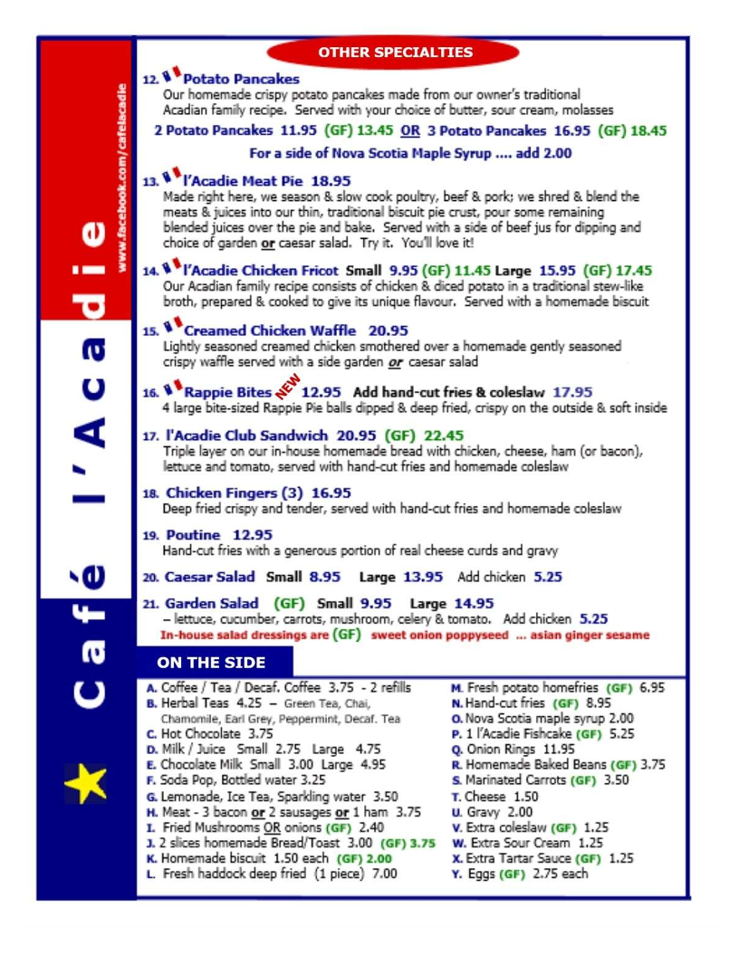 Menu, Café l'Acadie